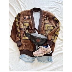 Men's Brown Suede Patchwork Bomber Jacket - Retro Varsity Style